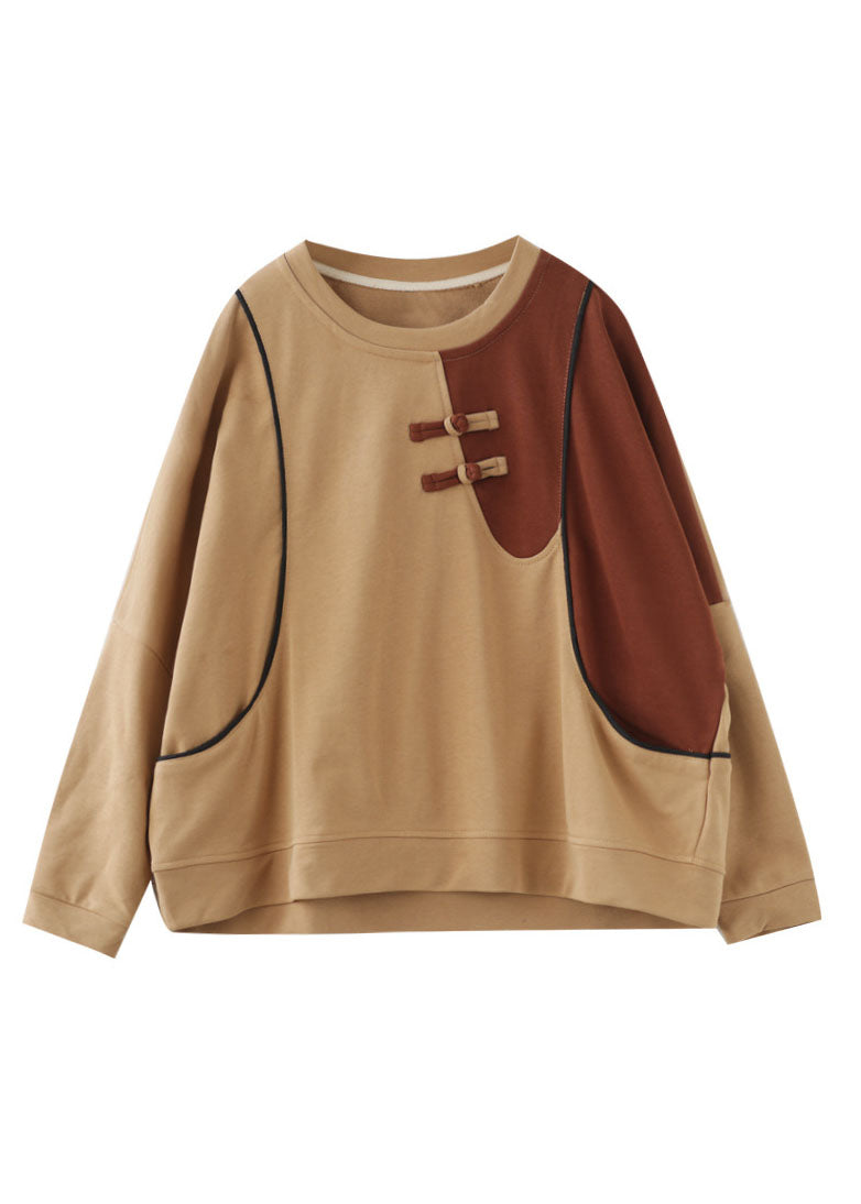 Bohemian Khaki O-Leck Patchwork Coton Sweatshirts Sweet