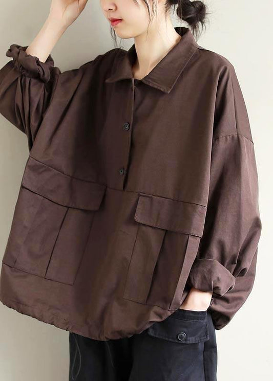 Bohemian Lapel Patchwork Spring Shirts Pattern Chocolate Shirt - SooLinen