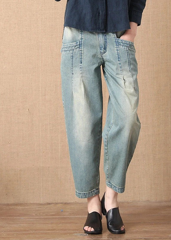 Bohemian Light Blue Button Pockets Pantalon de denim d'automne Harem décontracté