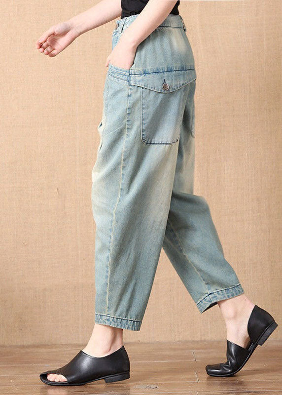 Bohemian Light Blue Button Pockets Pantalon de denim d'automne Harem décontracté