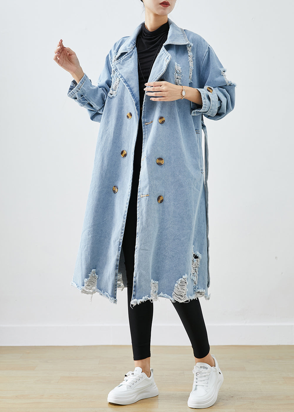 Bohemian Blue Blue Double poitrine Denim Ripped Coats Fall