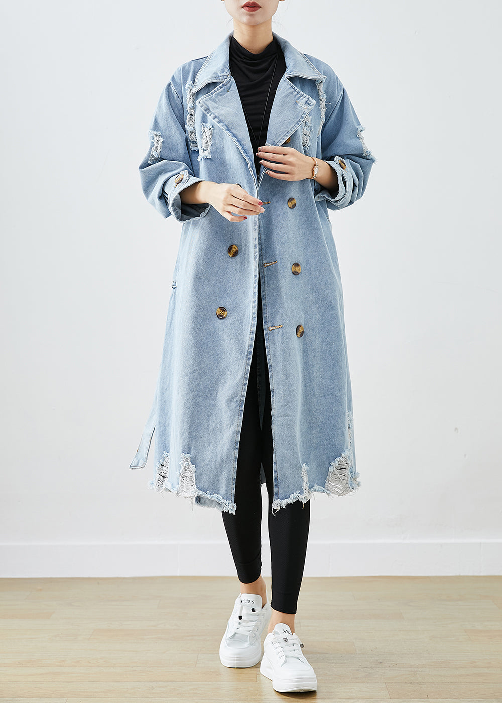 Bohemian Blue Blue Double poitrine Denim Ripped Coats Fall