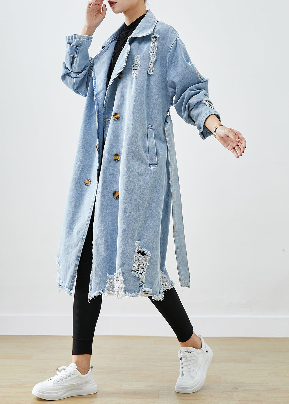 Bohemian Blue Blue Double poitrine Denim Ripped Coats Fall