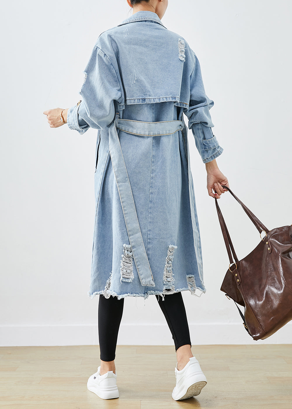 Bohemian Blue Blue Double poitrine Denim Ripped Coats Fall