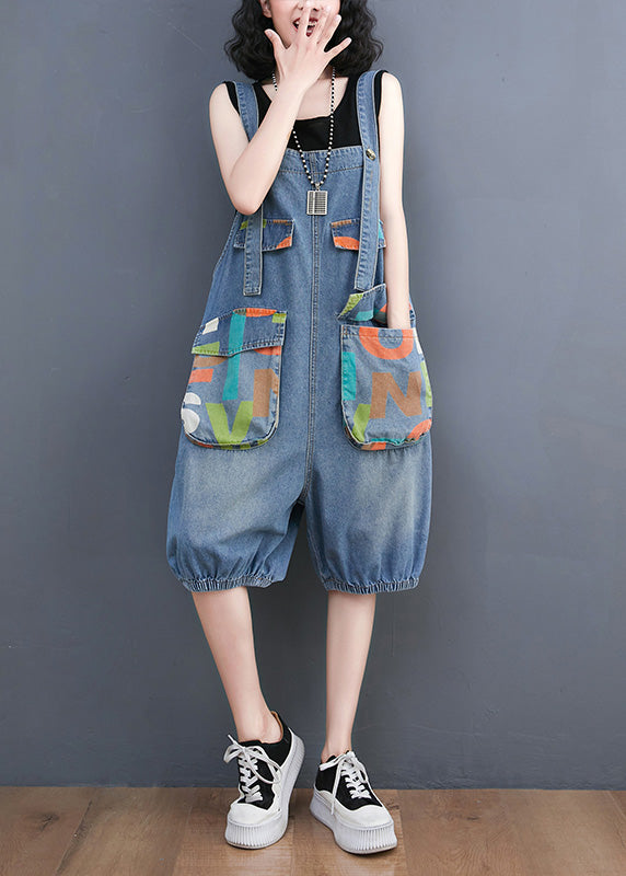 Bohemian Light Blue Slash Neck Print Button Denim Jumps Suit Summer