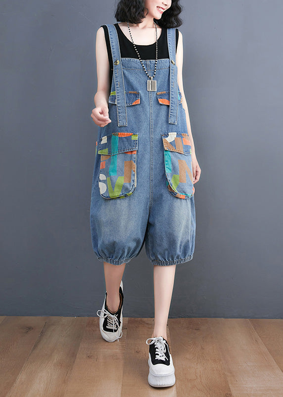 Bohemian Light Blue Slash Neck Print Button Denim Jumps Suit Summer