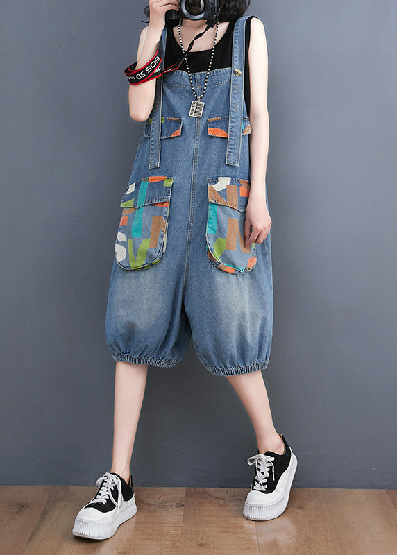 Bohemian Light Blue Slash Neck Print Button Denim Jumps Suit Summer