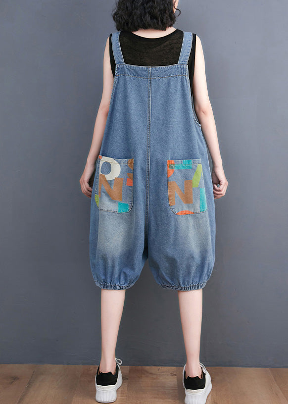 Bohemian Light Blue Slash Neck Print Button Denim Jumps Suit Summer