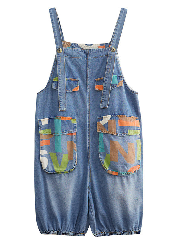 Bohemian Light Blue Slash Neck Print Button Denim Jumps Suit Summer