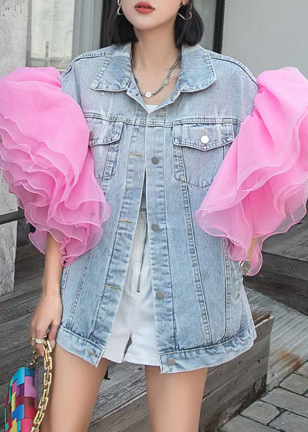 Bohemian Light Blue Tulle Patchwork Ruffled Patchwork Denim Top Summer