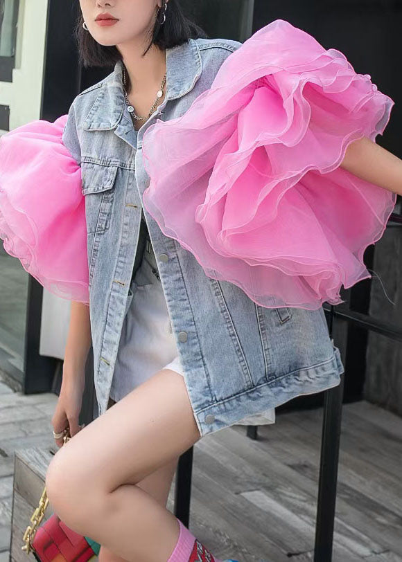 Bohemian Light Blue Tulle Patchwork Ruffled Patchwork Denim Top Summer