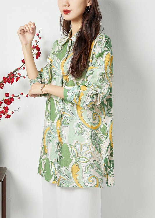 Bohemian vert clair Peter Pan Collar Imprimé Coton Long Shirt Spring