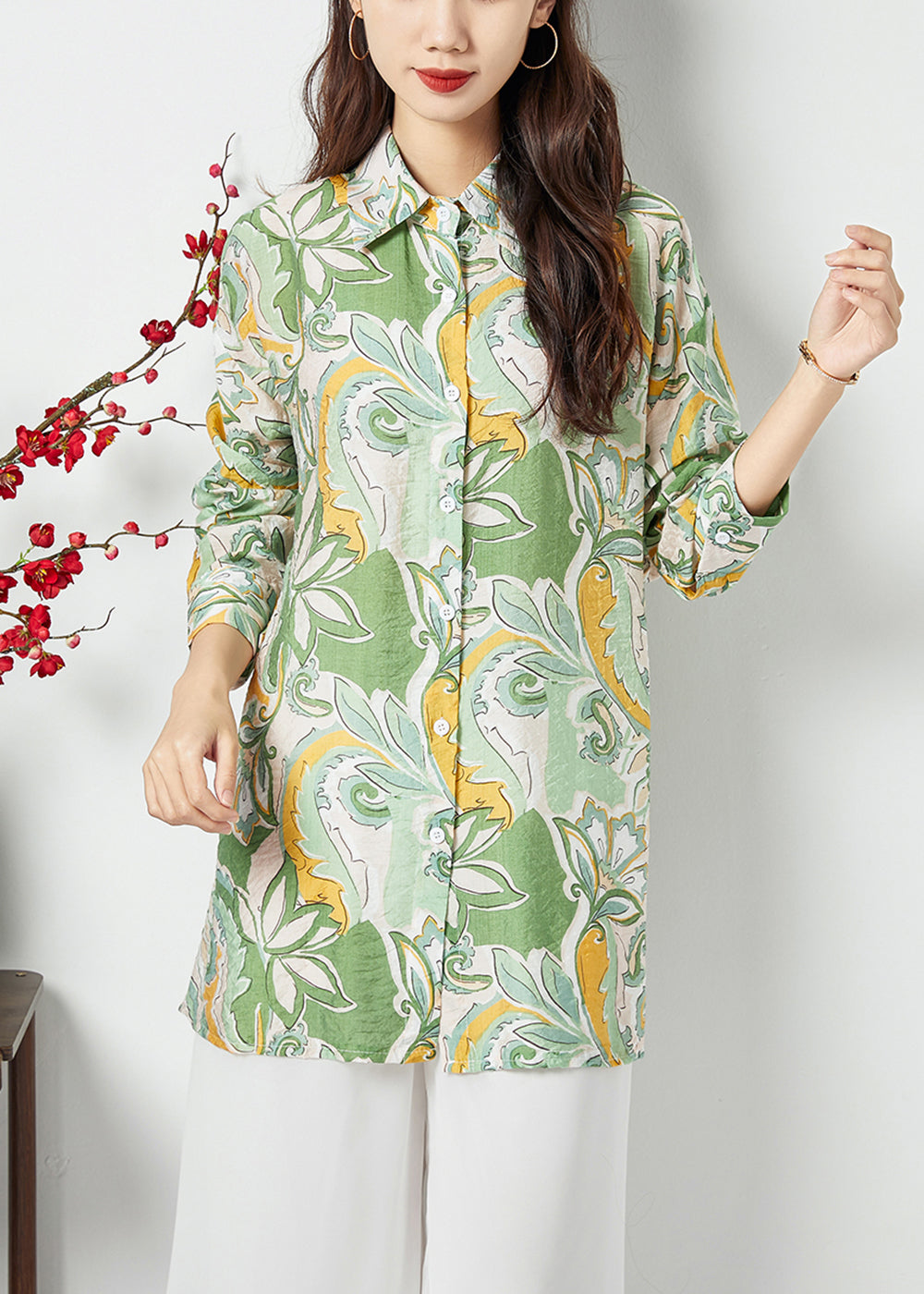 Bohemian vert clair Peter Pan Collar Imprimé Coton Long Shirt Spring