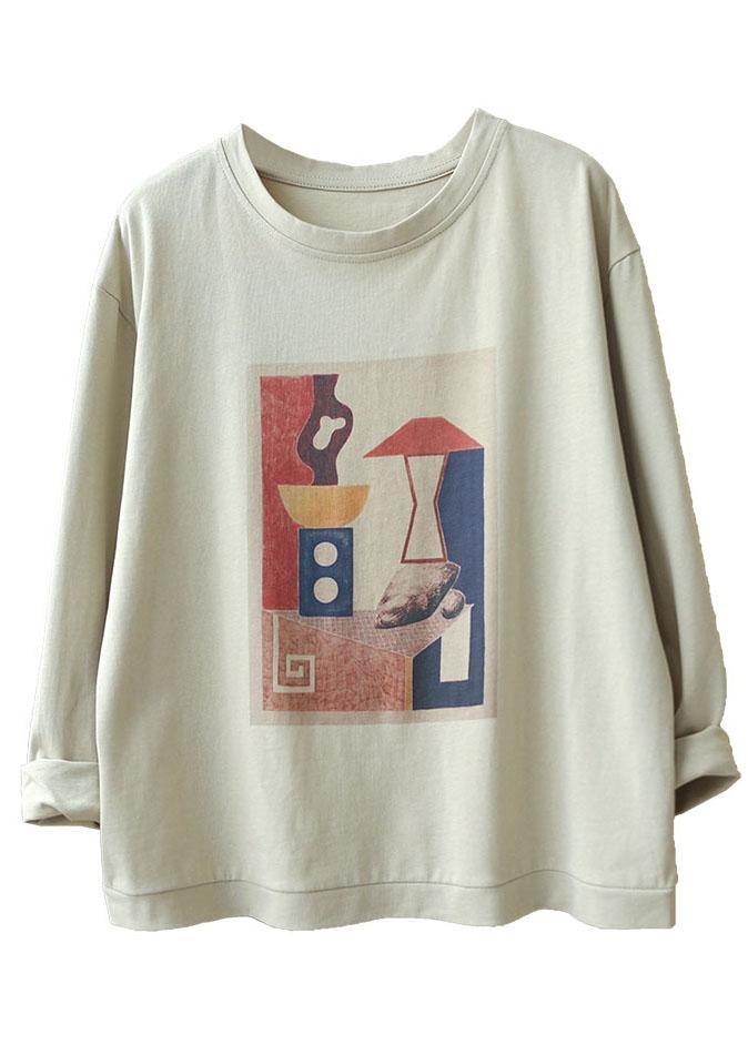 Bohemian Light Grey O-Neck Print Fall Tops Long sleeve - SooLinen