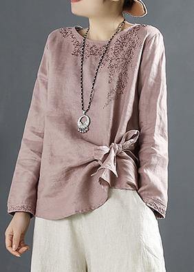 Bohemian O Neck Blouse Fashion Ideas Pink Embroidery Tops - SooLinen