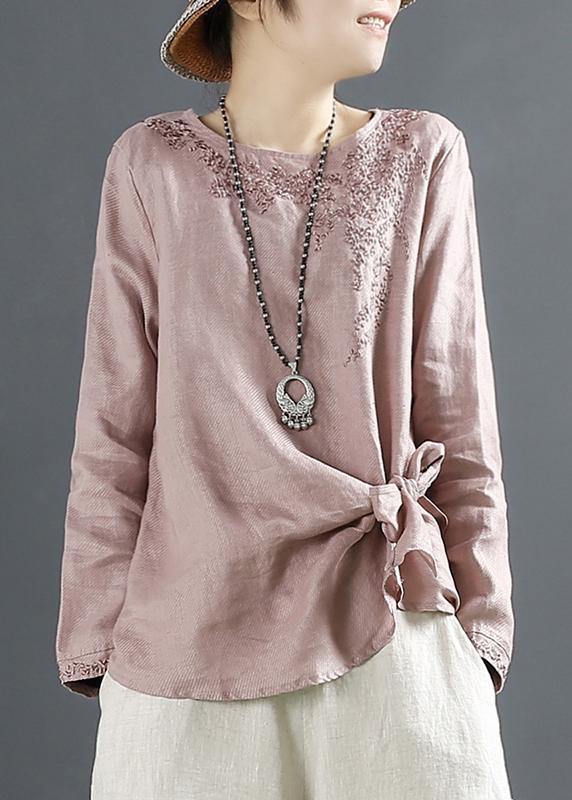 Bohemian O Neck Blouse Fashion Ideas Pink Embroidery Tops - SooLinen