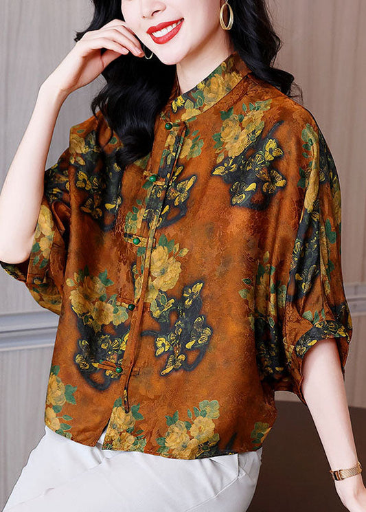 Bohemian Orange Stand Collar Oriental Bouton Impression Blouses en soie Batwing Sleeve