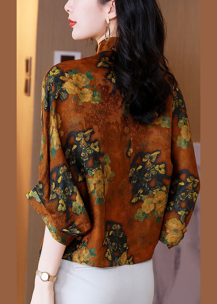 Bohemian Orange Stand Collar Oriental Bouton Impression Blouses en soie Batwing Sleeve