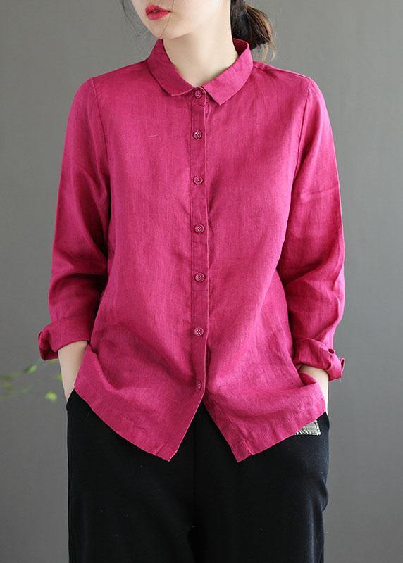 Bohemian Pink Loose Casual Button Summer Linen Long Sleeve Blouse Top - SooLinen