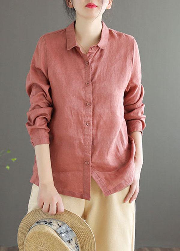 Bohemian Pink Loose Casual Button Summer Linen Long Sleeve Blouse Top - SooLinen