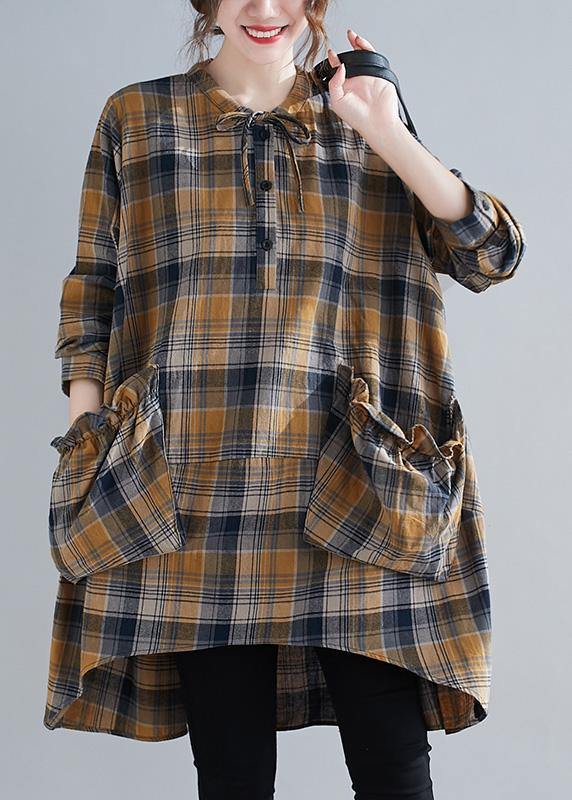 Bohemian Plaid Shirts O Neck Asymmetric Plus Size Clothing Spring Top - SooLinen