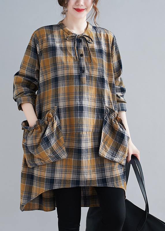 Bohemian Plaid Shirts O Neck Asymmetric Plus Size Clothing Spring Top - SooLinen