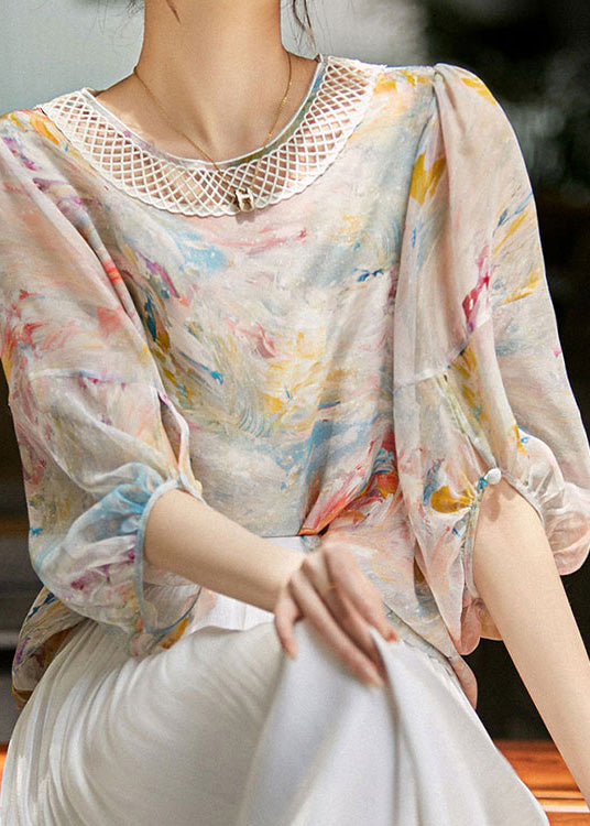 Bohemian Imprime Creck Out Silk Shirts à manches longues