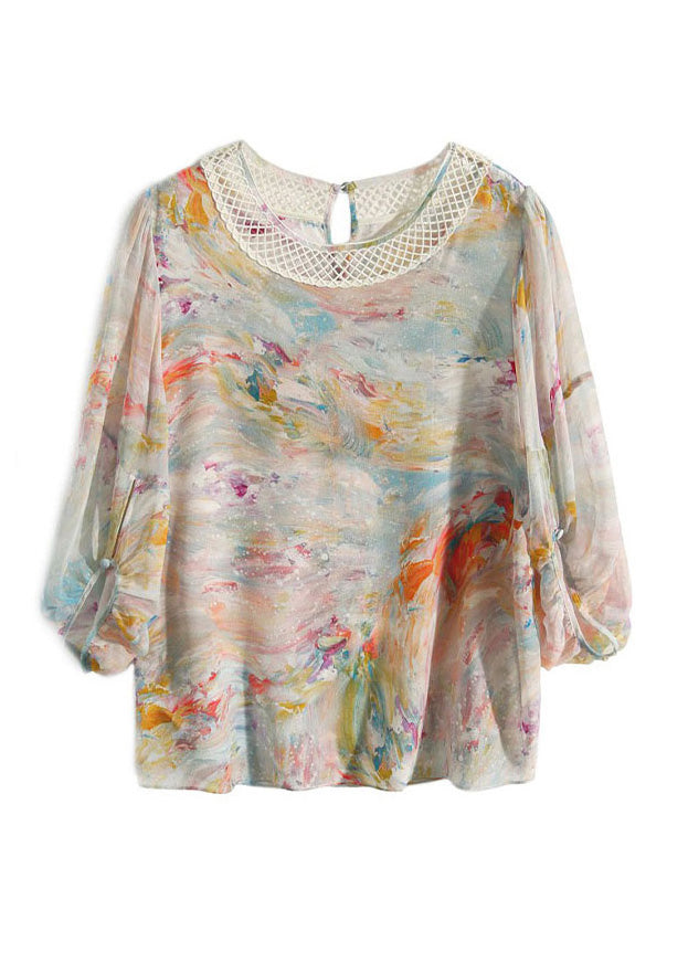 Bohemian Imprime Creck Out Silk Shirts à manches longues