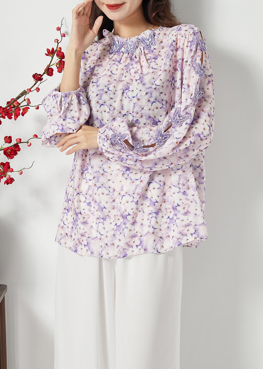 Bohemian Purple Print Hollow Out Murffon Blouses print