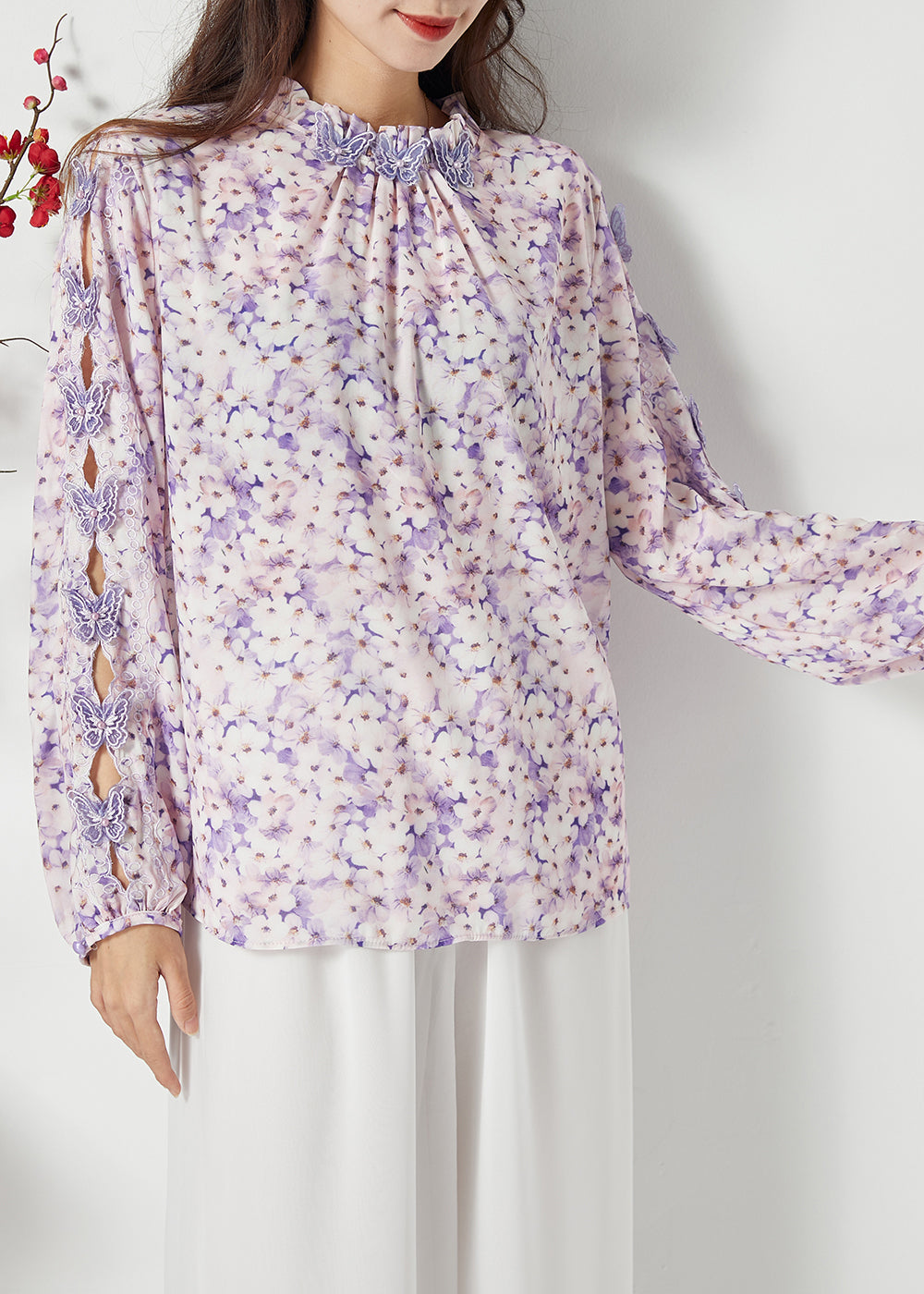 Bohemian Purple Print Hollow Out Murffon Blouses print