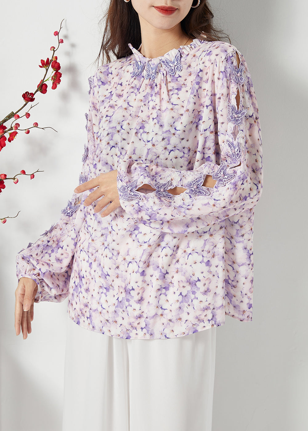 Bohemian Purple Print Hollow Out Murffon Blouses print