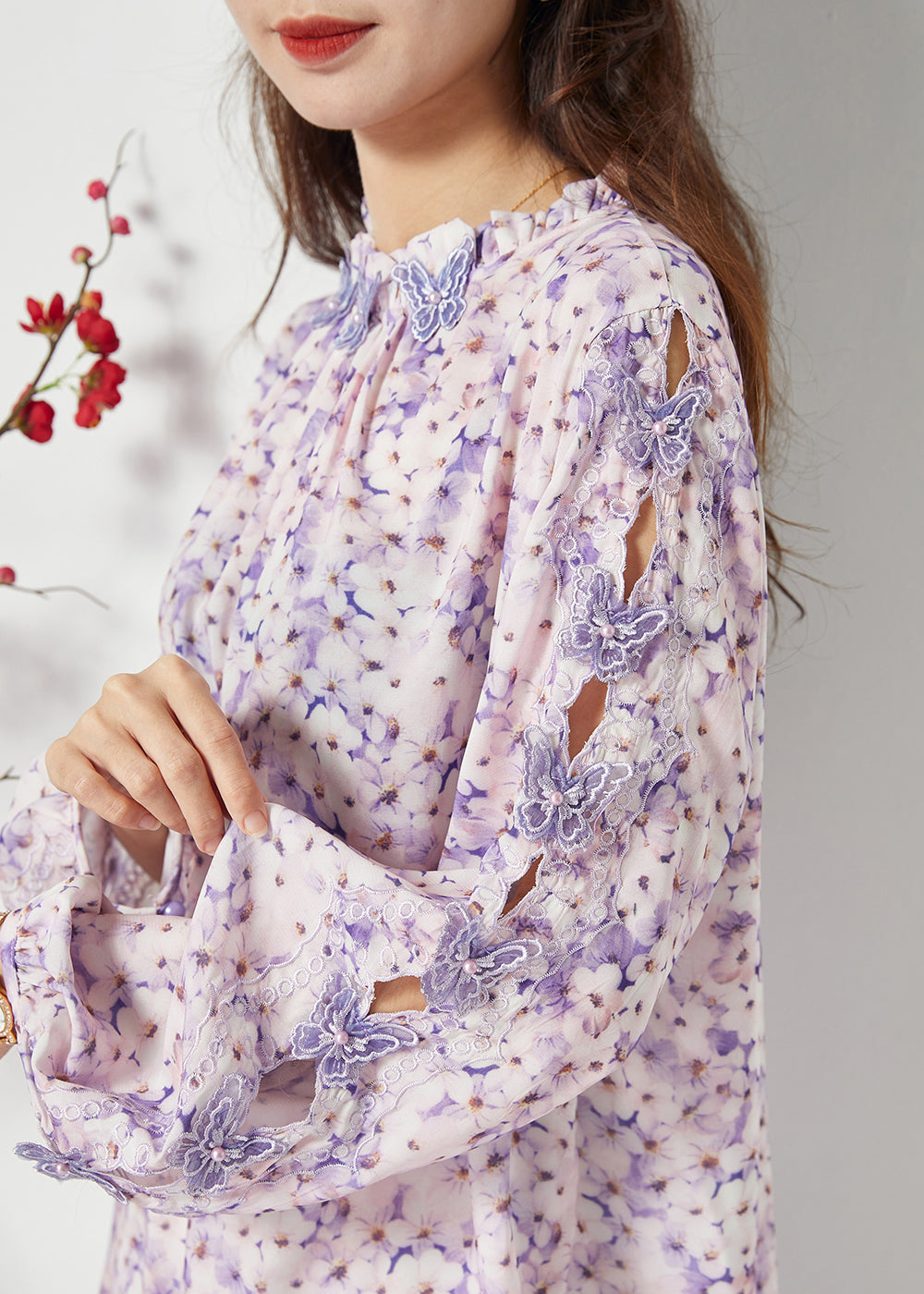 Bohemian Purple Print Hollow Out Murffon Blouses print