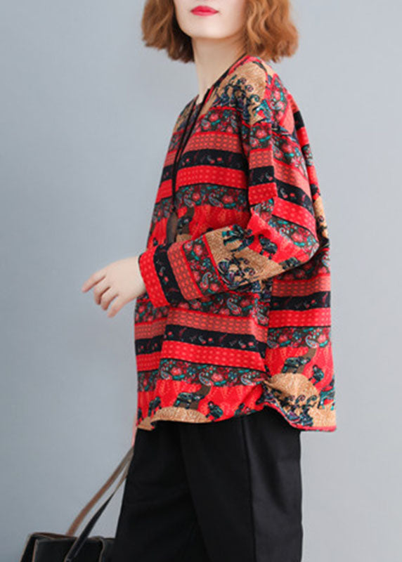 Bohemian rouge surdimensionné à imprimé coton Tops Spring