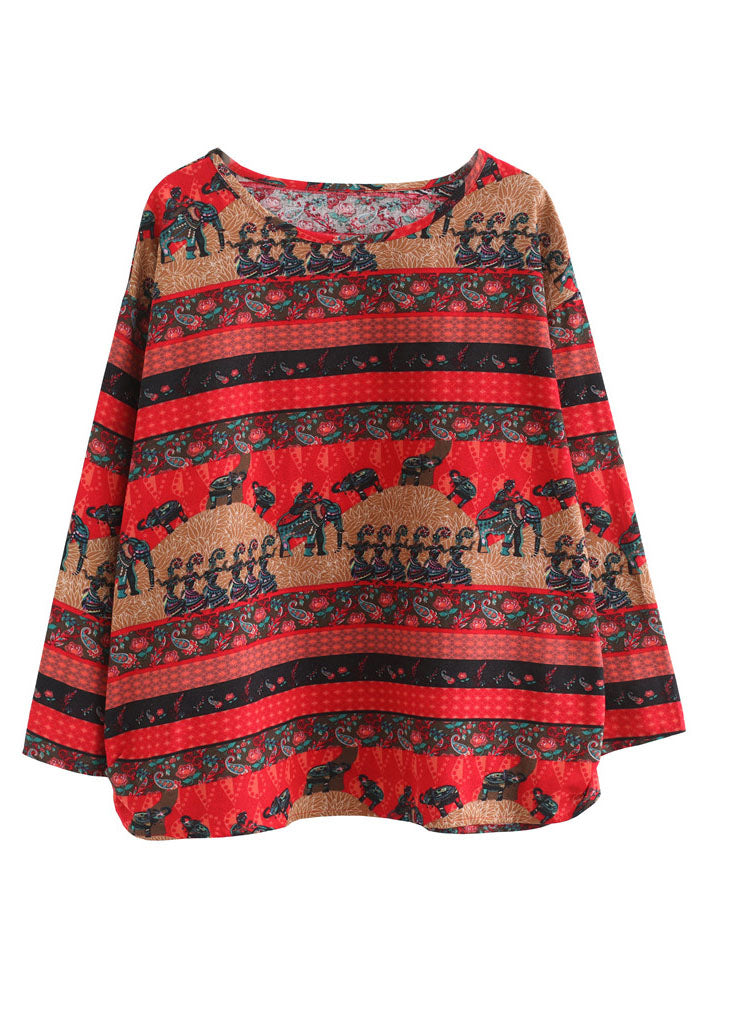 Bohemian rouge surdimensionné à imprimé coton Tops Spring