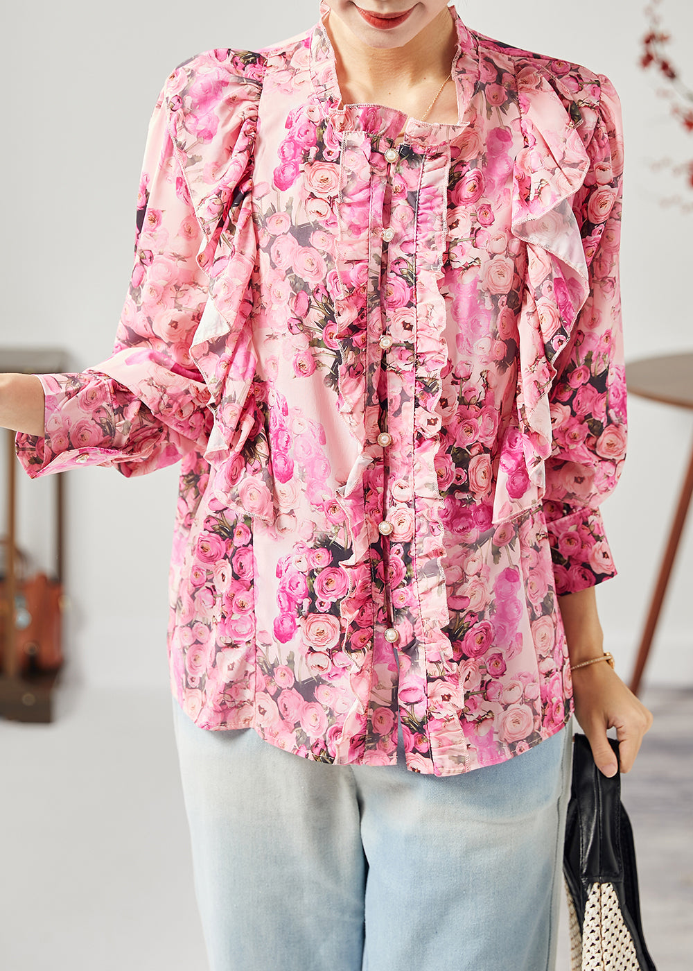 Bohemian Red Primp Patchwork Shuffled Silk Shirt Tops Spring