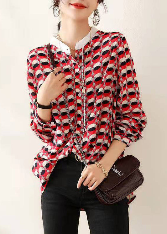 Bohemian Red Stand Collar Print Mariffon Shirt Top à manches longues