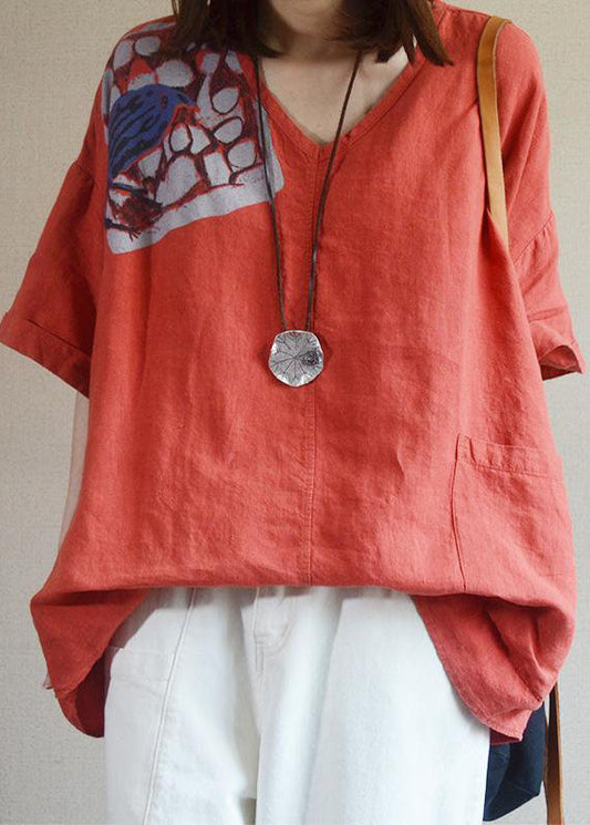 Bohemian Red V Neck Poches en vrac Shirt Fall Tops Half Mancheve