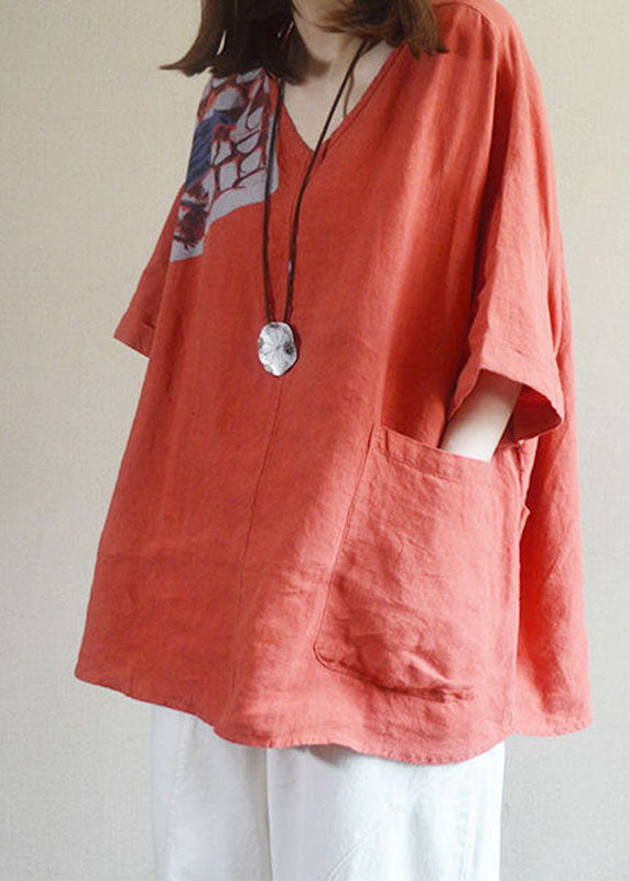 Bohemian Red V Neck Poches en vrac Shirt Fall Tops Half Mancheve