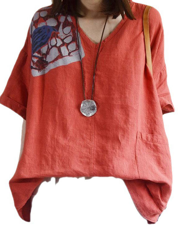 Bohemian Red V Neck Poches en vrac Shirt Fall Tops Half Mancheve