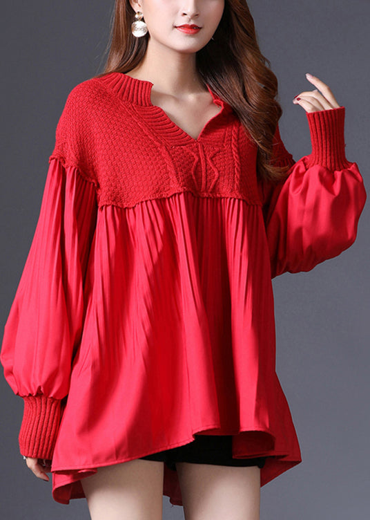 Bohemian Red V Neck Patchwork Pattewing Pullaver Spring