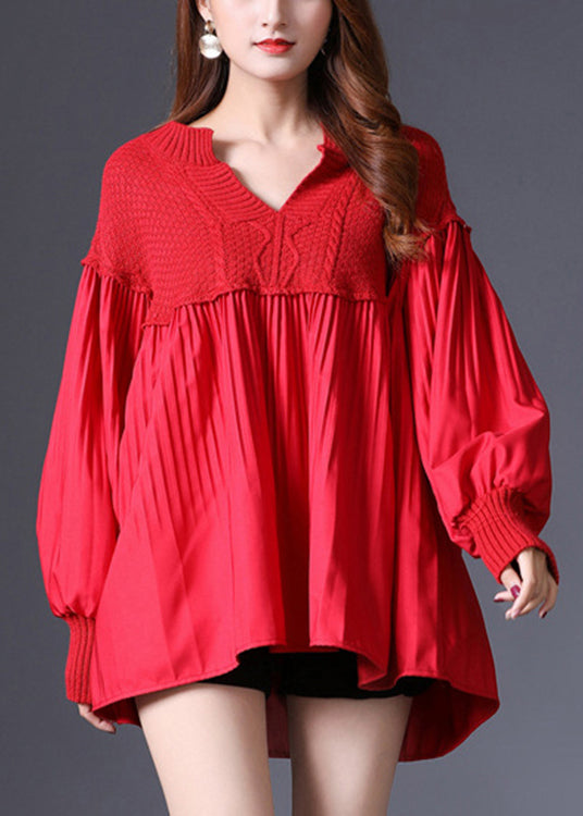 Bohemian Red V Neck Patchwork Pattewing Pullaver Spring