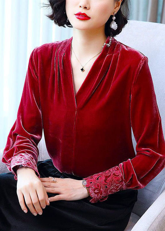 Bohemian Red V Neck Patchwork Silk Velor Shirt Tops à manches longues