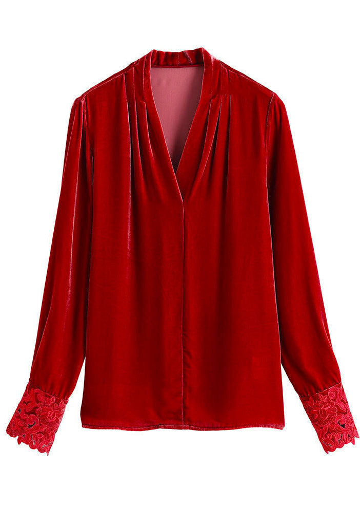 Bohemian Red V Neck Patchwork Silk Velor Shirt Tops à manches longues