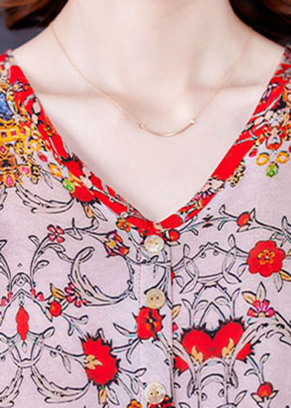 Bohemian Red V Neck Imprimé drapage en mousseline de soie