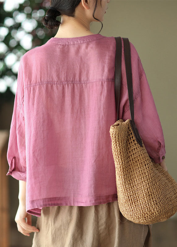 Bohemian Rose O Neck Patchwork Linen Tops Bracelet Sleeve