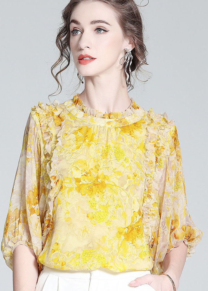 Bohemian Yellow Ruffled Print Silk Blouse Tops Bracelet Sleeve