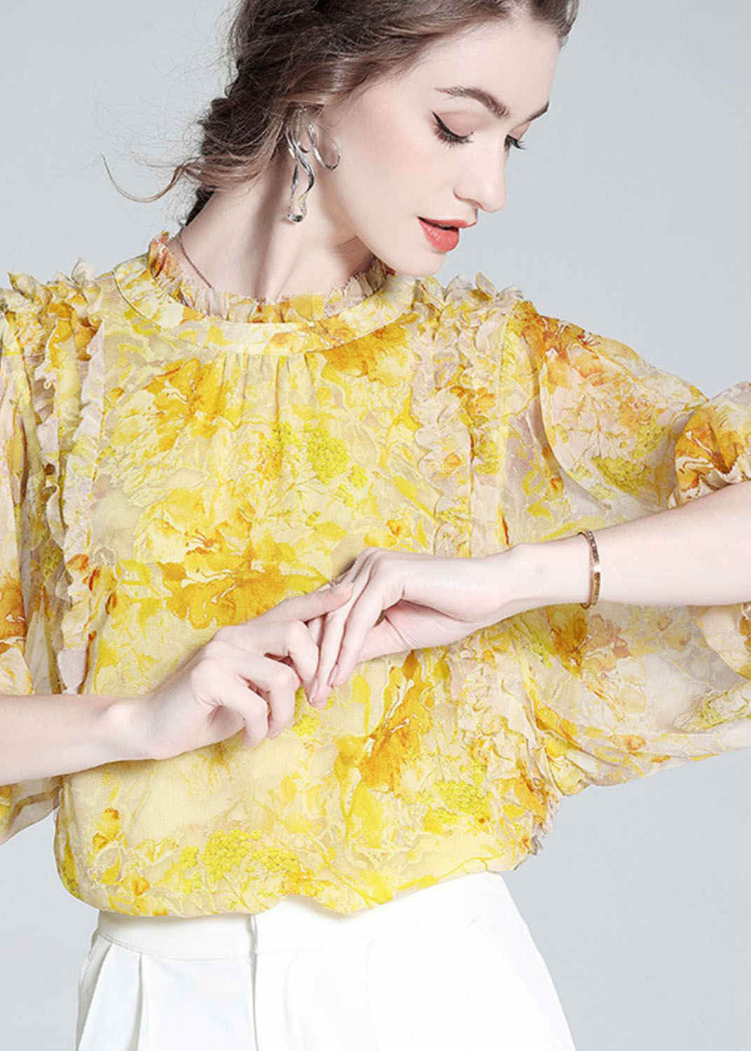 Bohemian Yellow Ruffled Print Silk Blouse Tops Bracelet Sleeve