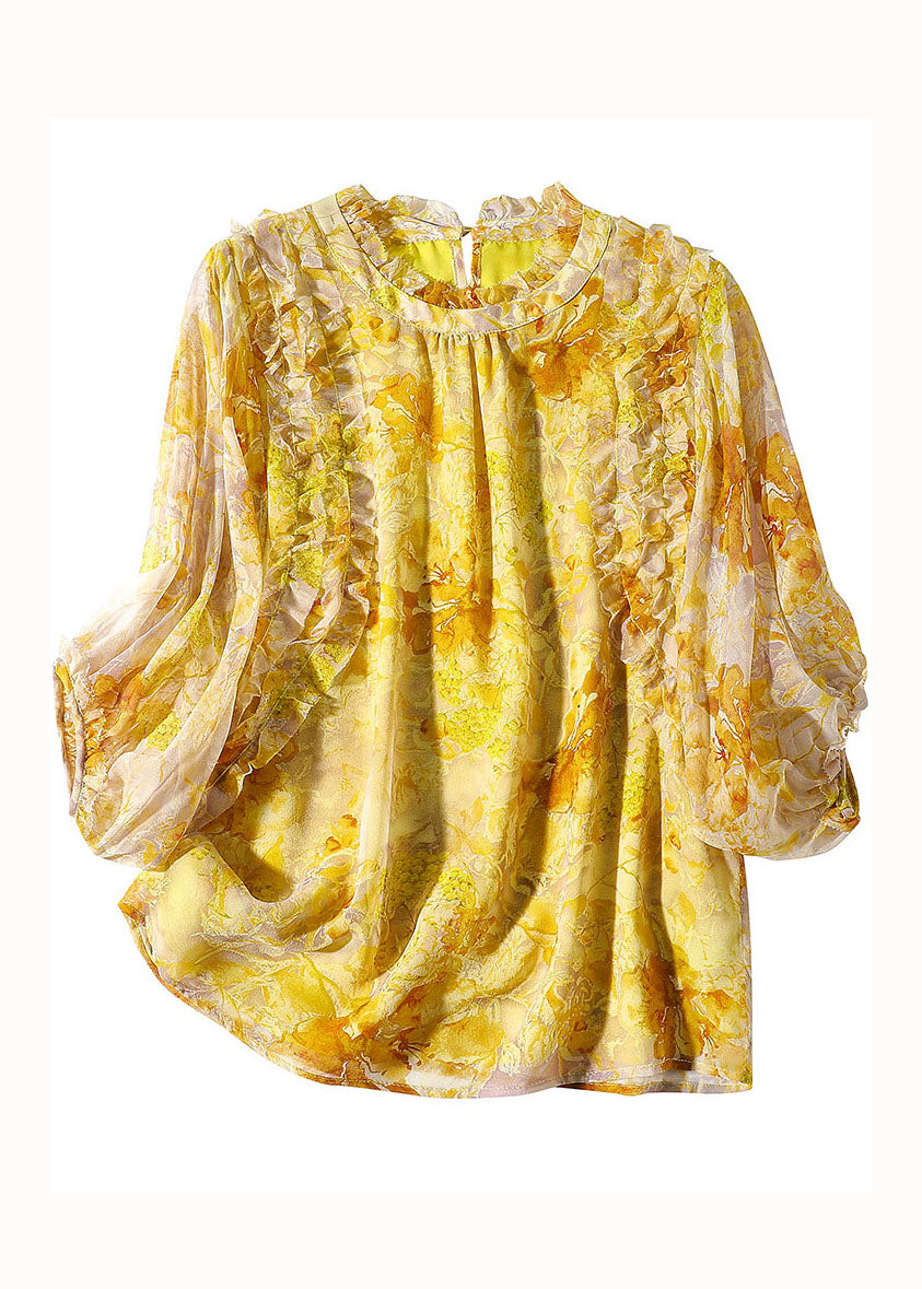 Bohemian Yellow Ruffled Print Silk Blouse Tops Bracelet Sleeve