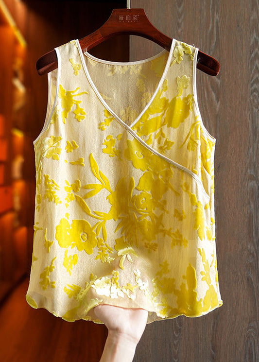 Bohème jaune V Neck Patchwork Print Silk Tanks sans manches