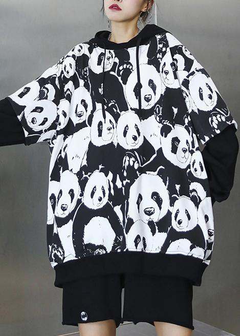 Bohemian black Panda printing tunic pattern hooded daily tops - SooLinen